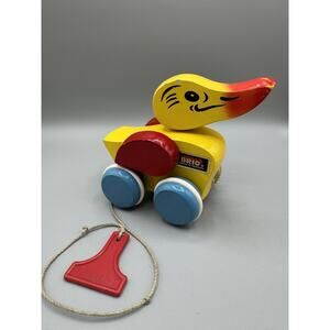 Brio Duck Toy Pull Along Wooden Wood Vintage Painted Duck w/Wheels Sweden